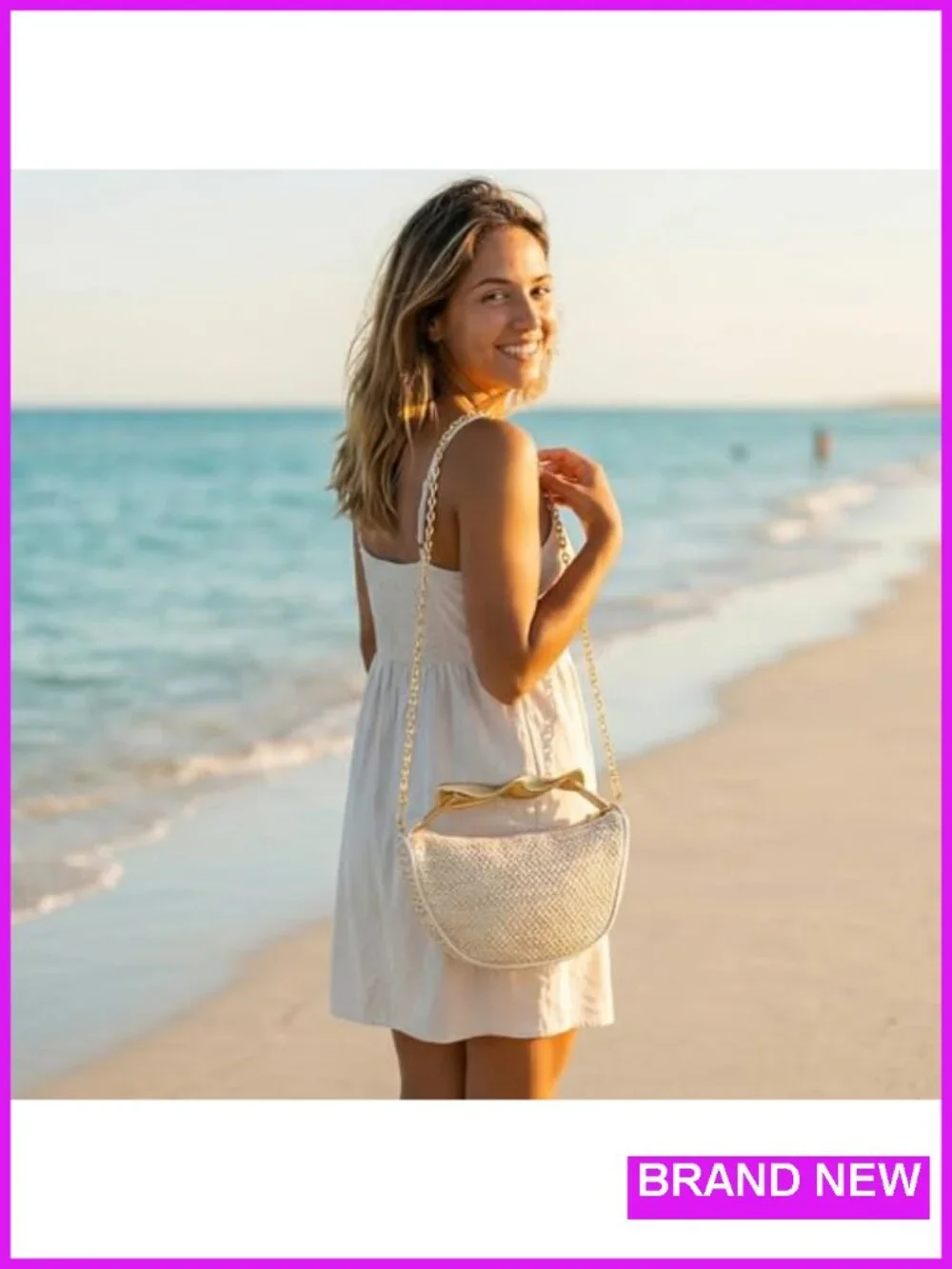 Woven Straw Clutch Purse with Gold Metal Handle Crossbody Bag